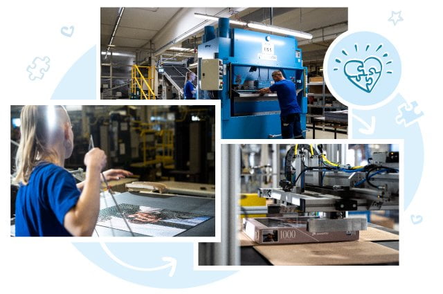 De gepersonaliseerde puzzels en spellen van onze klanten worden stuk voor stuk met precisiemessen gestanst en in een door de klant voorbereidde doos gelegd